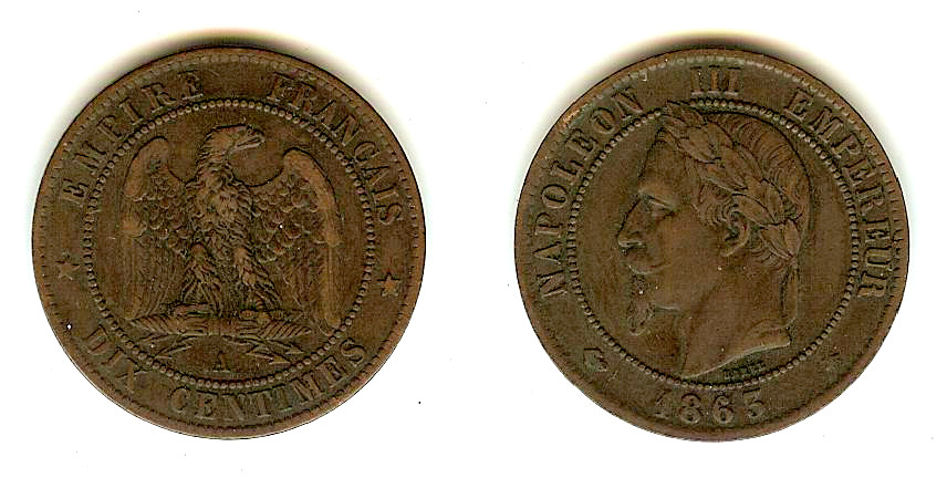 Dix centimes Napoléon III, tête laurée 1863 Paris TTB+